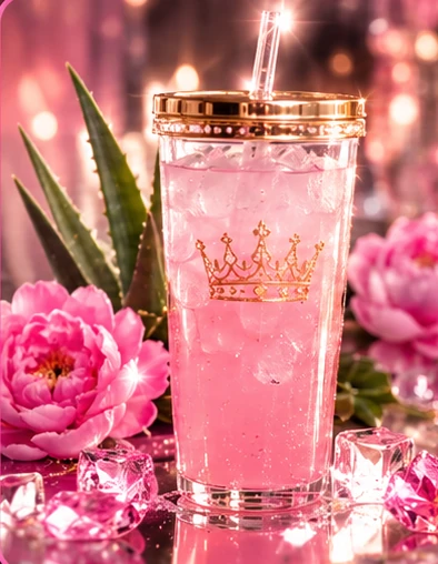 Delicate pale pink drink served over ice in a glamorous crystal-style tumbler with a gold crown