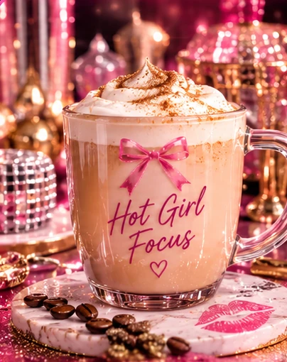 Luxurious creamy coffee with whipped topping and a pink bow, styled with the affirmation Hot Girl Focus